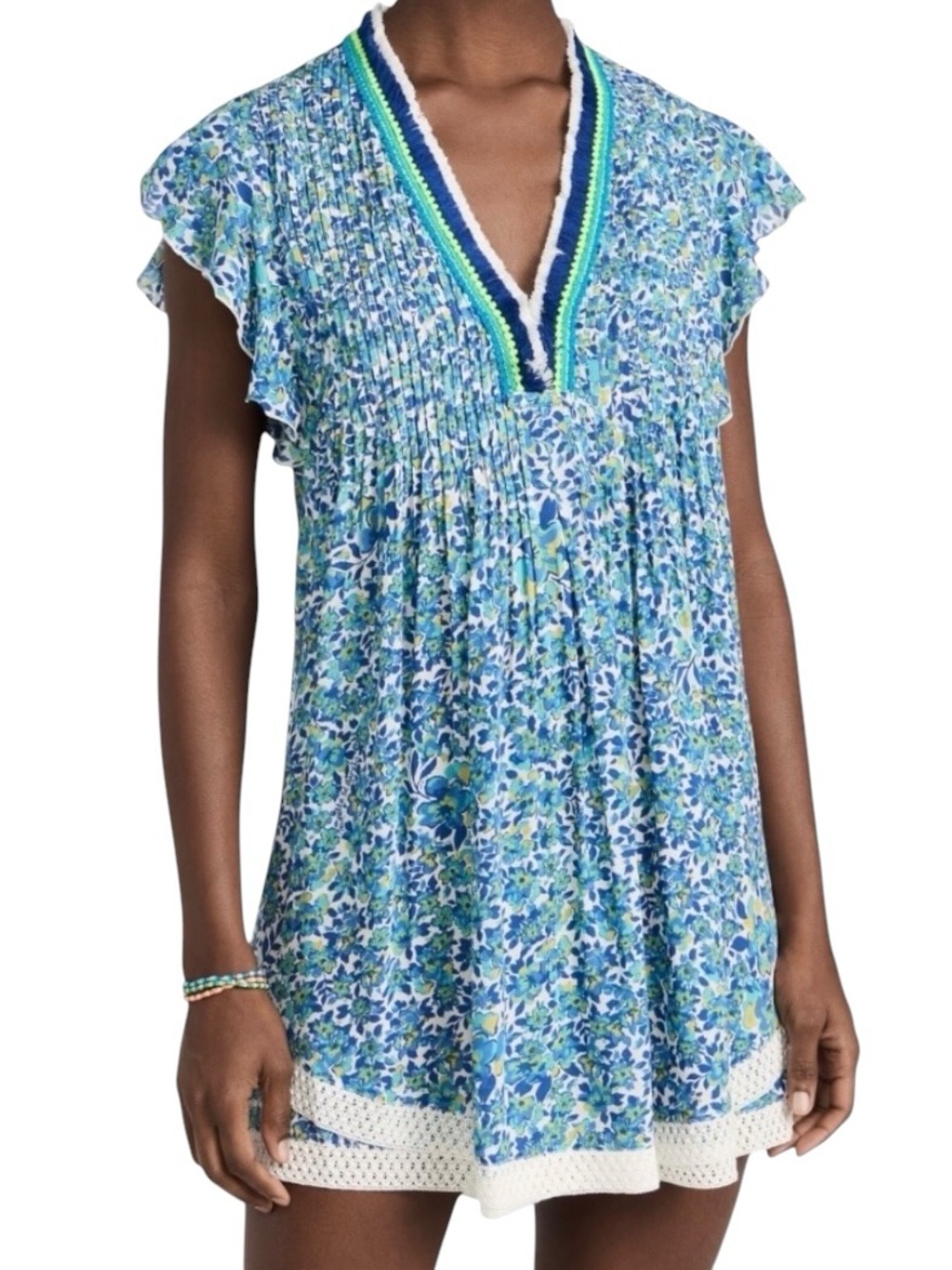 Poupette St. Barth Sasha Geometric Flutter Sleeve Fringed V-Neck Mini Dress
